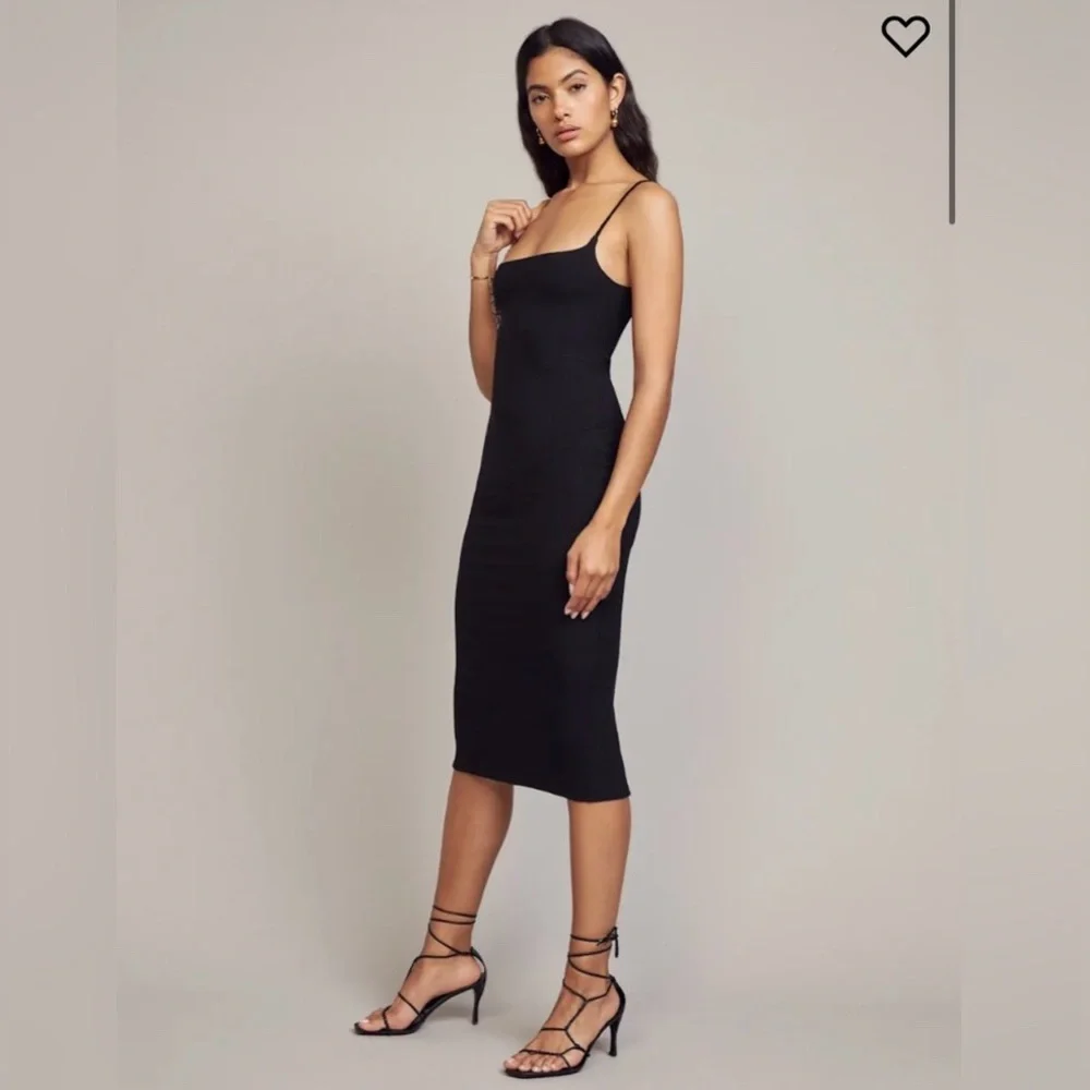 Sleek Sexy Reformation Black Ribbed fitted Midi Dress with thin spaghetti straps - Picture 5 of 15